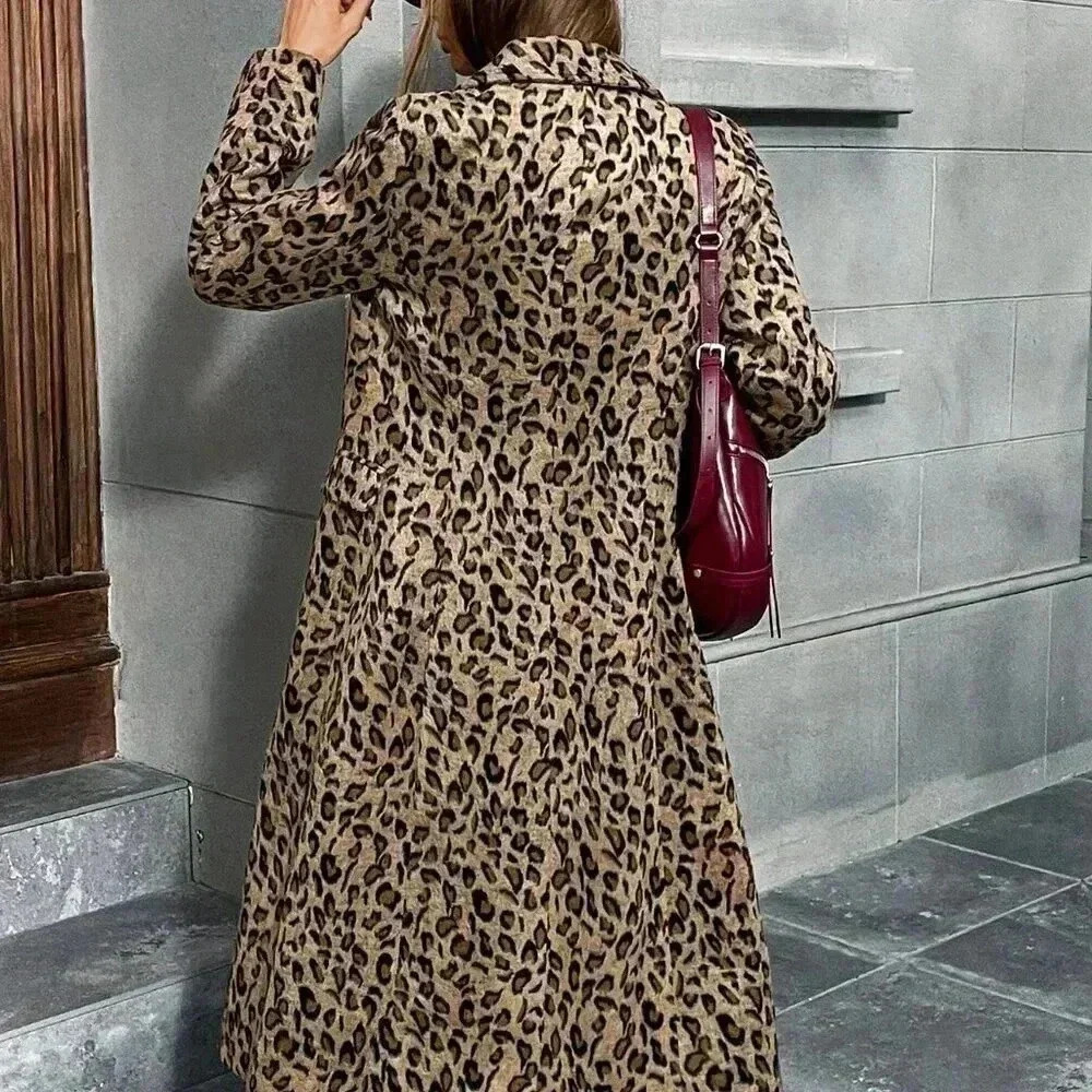 Multicolor Casual Women's Leopard Print Knitted Cinched Waist Stand Collar Coat - Picture 2 of 7